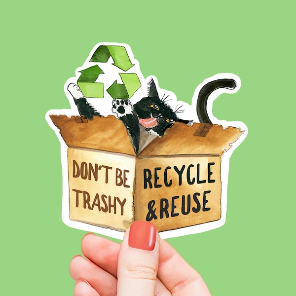 Recycle Box Tuxedo Cat Sticker - Wees niet rommelig Verminder hergebruik Recycle Sticker - Zwart-witte kattenstickers Geschenken - Liyana studio