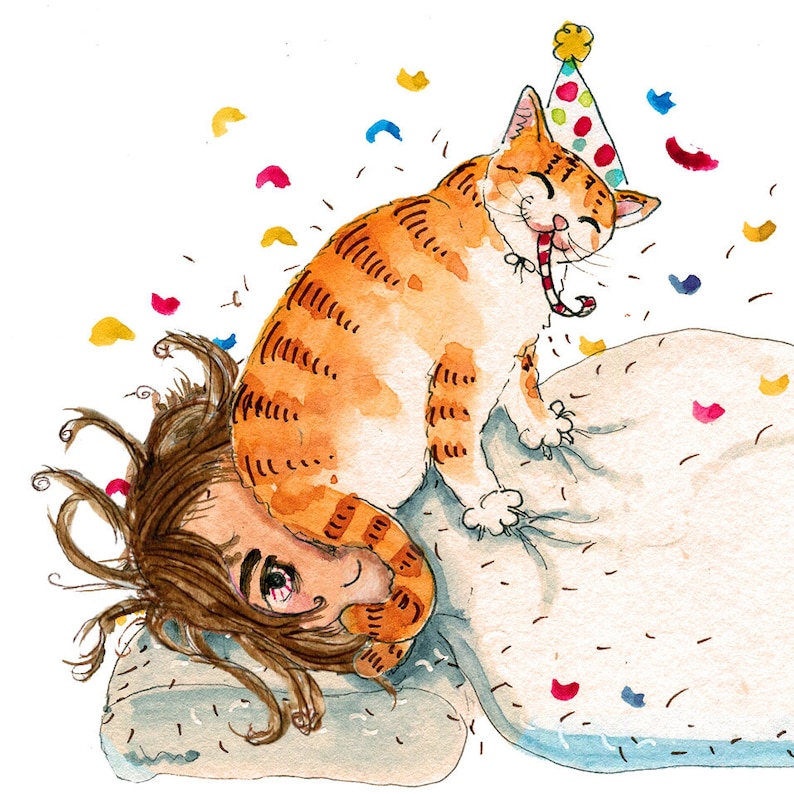 May include: A watercolour illustration of a person sleeping in bed with a cat wearing a party hat and holding a candy cane. The cat is sitting on the bed and the person is lying on their side with their head on a pillow. There are confetti and other party decorations in the background.