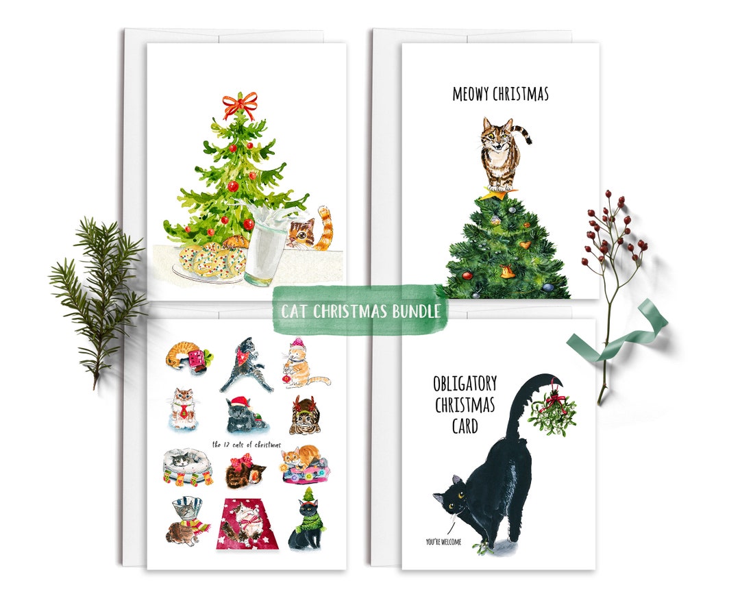 Funny Cats Christmas Card Set - Holiday Cards Pack of 4 - Black Cat ...