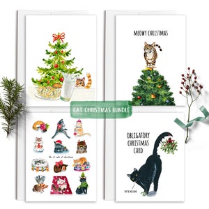 Ensemble de cartes de Noël Funny Cats - Pack de cartes de vacances de 4 - Chat noir Chat tigré Chats orange