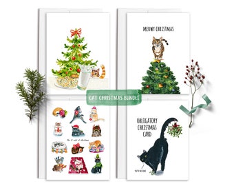 Funny Cats Christmas Card Set - Holiday Cards Pack of 4 - Black Cat Tabby Cat Orange Cats