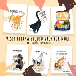 May include: Set of 5 illustrated greeting cards featuring cats with humorous text. The cards are perfect for birthdays, goodbyes, and other occasions. The cards are printed on high-quality cardstock and come with envelopes.
