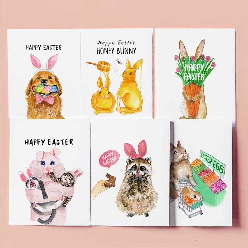 May include: Six illustrated cards with a Happy Easter theme. Each card features a different animal wearing bunny ears and holding Easter-themed items. The animals include a dog, a bunny, a raccoon, a pig, and a cat. The cards are all white with black text.