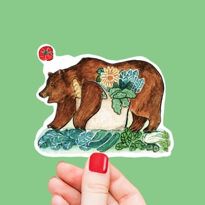 Sticker ours Farmers Market - Stickers imperméables rigolos pour cadeau végétalien - Sticker ours californien courses de légumes - Liyana Studio