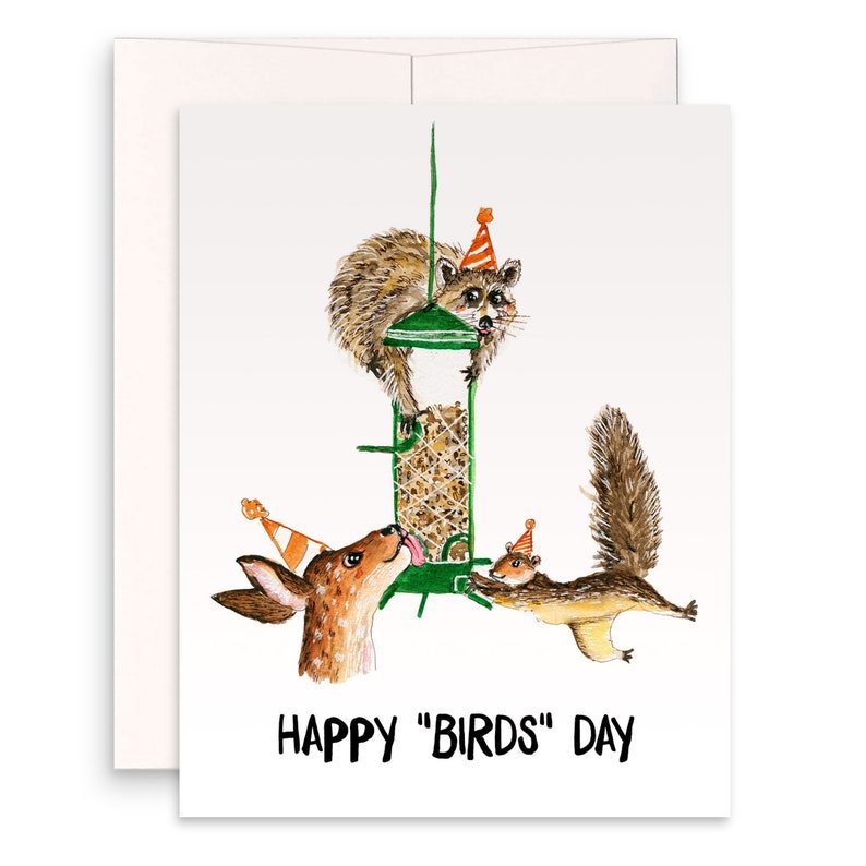 Bird Feeder Funny Birthday Cards For Bird Watching Bird Birthday Card For Bird Lover Nature Lover Squirrel Raccoon Deer Liyana Studio image 1