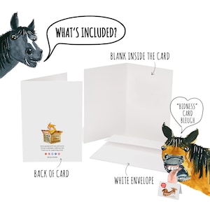 May include: A blank greeting card with a cartoon horse on the front and a cartoon horse in a box on the back. The card comes with a white envelope. The text on the back of the card says "Hand painted with love and humor. Printed in Berkeley, California, USA. Thank you for supporting artists @lyyana.studio"