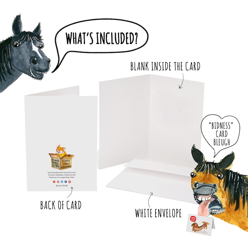 May include: A blank greeting card with a cartoon horse on the front and a cartoon horse in a box on the back. The card comes with a white envelope. The text on the back of the card says "Hand painted with love and humor. Printed in Berkeley, California, USA. Thank you for supporting artists @lyyana.studio"