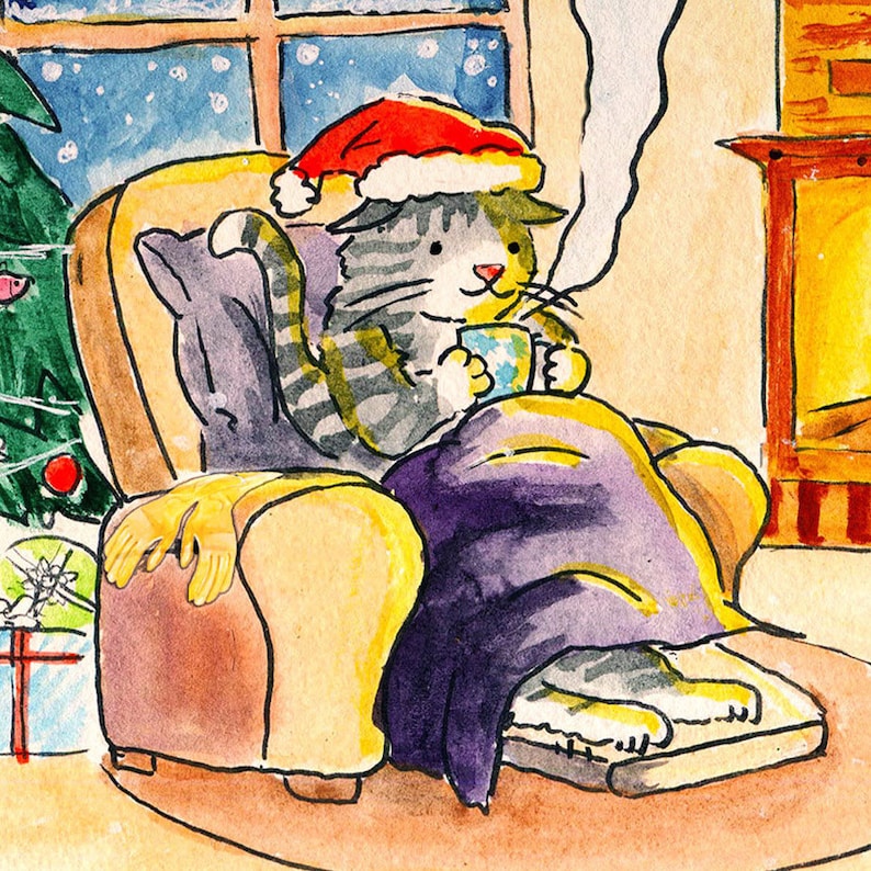 Cozy Warm Kitty Cat Christmas Card For Cat Lover, Silent Night Christmas Eve Card From Cat, Funny Christmas Card, Merry Xmas, Fireplace Card image 2