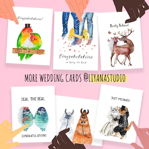 May include: Set of 6 watercolor wedding cards featuring various animal couples. The cards have humorous text such as "Just Meowied" and "Seal the Deal".