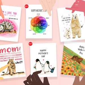 Op de afbeelding: Zes verschillende wenskaarten met illustraties en tekst voor Moederdag. De kaarten tonen een opossum, een pingu&iuml;n, een beer, een tijger en een beerjong. De tekst op de kaarten is: "Ik hou meer van je dan van mijn broers en zussen", "Mam!", "Gelukkige Moederdag", "Zoals de moeder, zo de dochter" en "Gelukkige Moederdag".