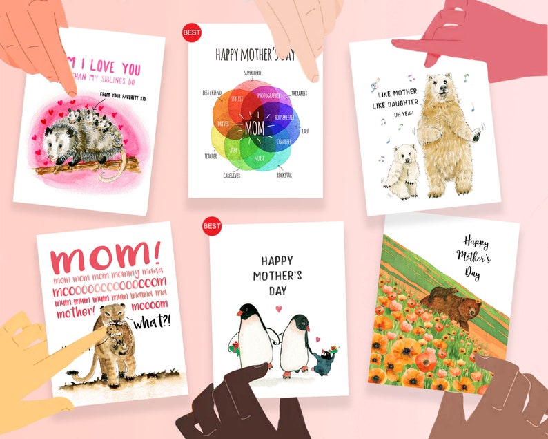 Op de afbeelding: Zes verschillende wenskaarten met illustraties en tekst voor Moederdag. De kaarten tonen een opossum, een pingu&iuml;n, een beer, een tijger en een beerjong. De tekst op de kaarten is: "Ik hou meer van je dan van mijn broers en zussen", "Mam!", "Gelukkige Moederdag", "Zoals de moeder, zo de dochter" en "Gelukkige Moederdag".