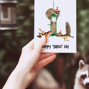 Bird Feeder Funny Birthday Cards For Bird Watching Bird Birthday Card For Bird Lover Nature Lover Squirrel Raccoon Deer Liyana Studio image 5