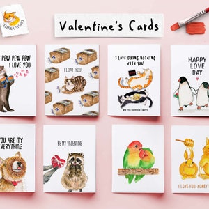 Op de afbeelding: Een set van acht Valentijnsdagkaarten met verschillende illustraties en boodschappen. De kaarten zijn gedrukt op wit karton en hebben een aquarelstijl. De illustraties omvatten een pingu&iuml;nkoppel, een kat die zich oprolt, een wasbeer met een hart, een paar tortelduifjes en een honingkonijn.
