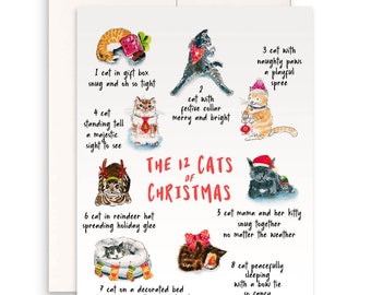 Funny Cat Christmas Cards - 12 Days Of Christmas Gifts For Cat Lovers - Handmade By Liyana Studio Greeting Cards