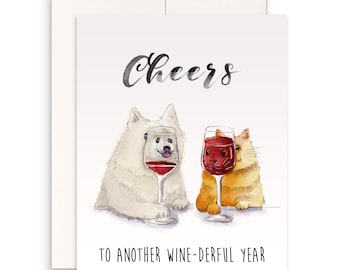 Cheers Funny Anniversary Card From Cat Dog - Red Wine Lovers Birthday Card For Best Friend- Liyana Studio Greeting Cards Handmade