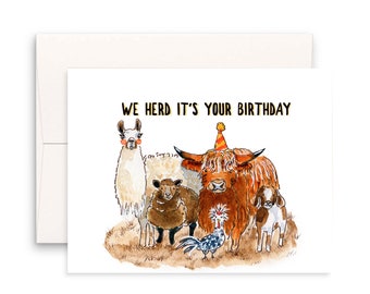 Farm Animal Birthday Card Funny - Woodland Llama Alpaca Sheep Chicken Goat Cow