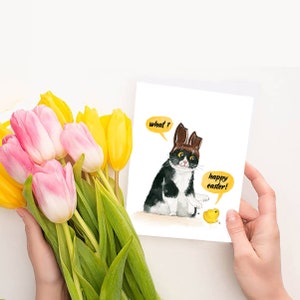 May include: A greeting card featuring a black and white cat with brown bunny ears. The cat is looking at a small yellow chick with a speech bubble that says "happy easter!" The cat has a speech bubble that says "what?"