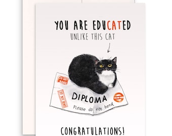 Cat Bent Diploma Funny Graduation Card 2025 - Texedo Cat Graduation Cards For Cats Lovers - Liyana Studio Handmade Greeting Cards