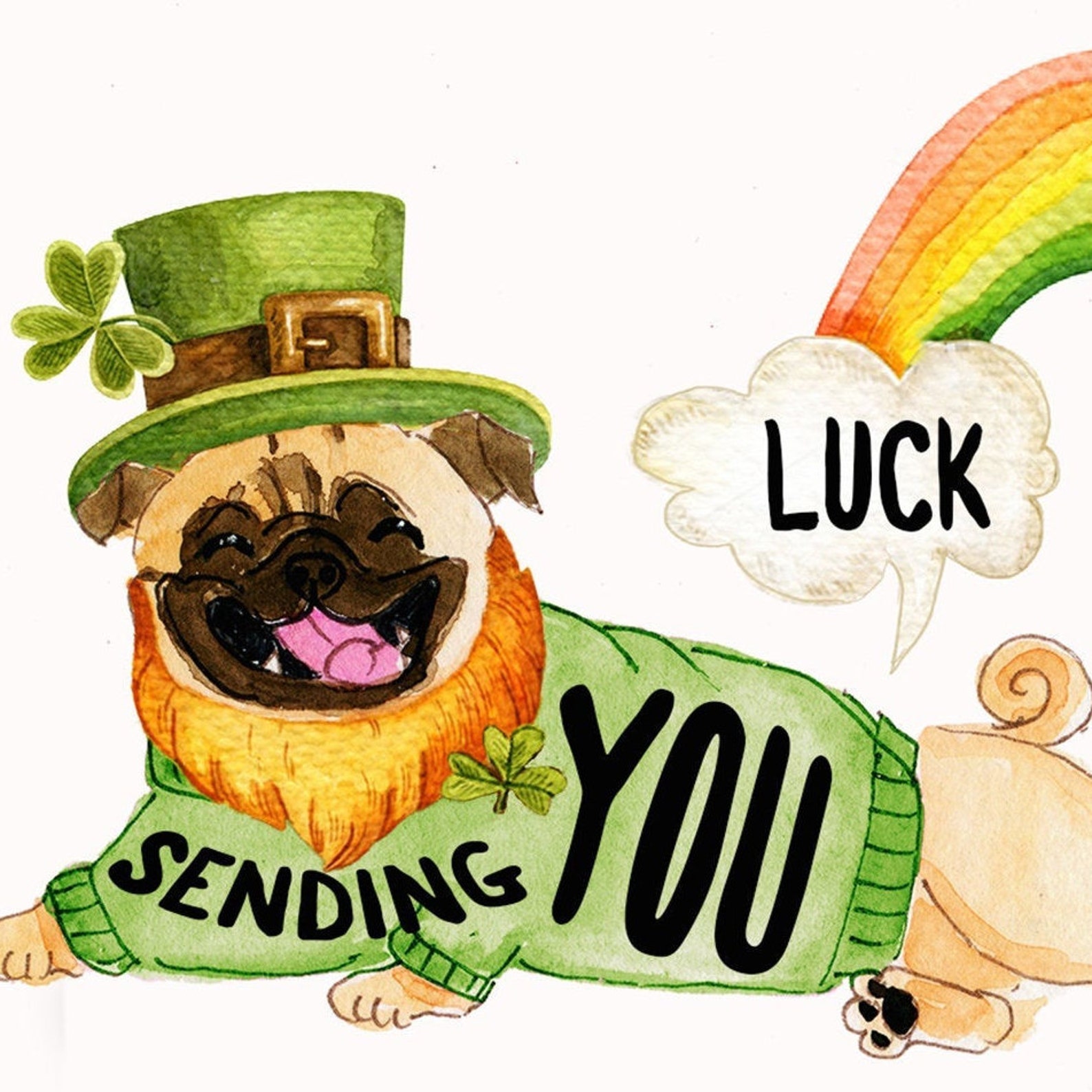 Pug Good Luck Card Funny St Patricks Day Card Irish Pug Etsy