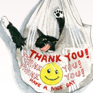 May include: A black cat with white paws is stuck inside a plastic shopping bag. The bag has the words "Thank You!" and "Have a Nice Day" printed on it, along with a yellow smiley face.