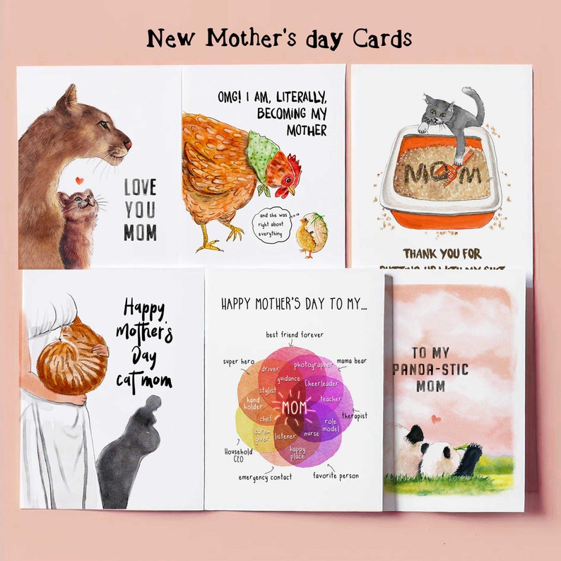 May include: Set of 5 illustrated greeting cards for Mother's Day. Each card features a different animal and a humorous message. The cards are printed on white cardstock and are blank inside for writing a personal message.