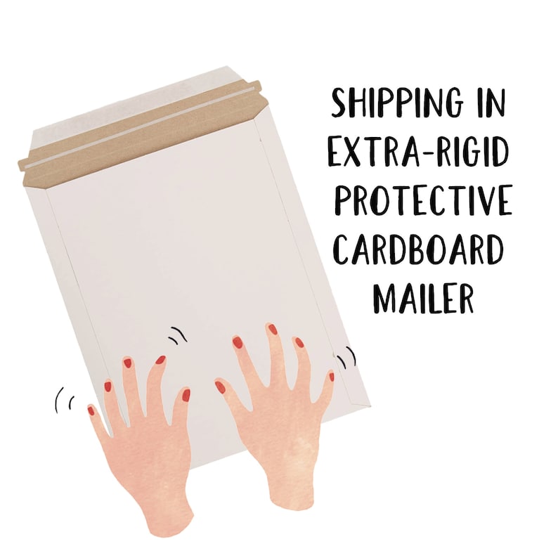 May include: White cardboard mailer with a brown flap. The mailer is being held up by two hands with red nail polish. The text "SHIPPING IN' EXTRA-RIGID PROTECTIVE CARDBOARD MAILER" is written in black on a white background.