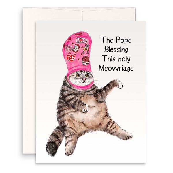 Tarjeta de boda divertida con el gato Crocs Pope - Bendice este maullido - Tarjeta de compromiso para despedida de soltera - Liyana Studio Handmade Greetings