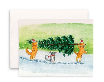 Funny Dog Cat Christmas Card For Friend - Snowy Winter Xmas Tree