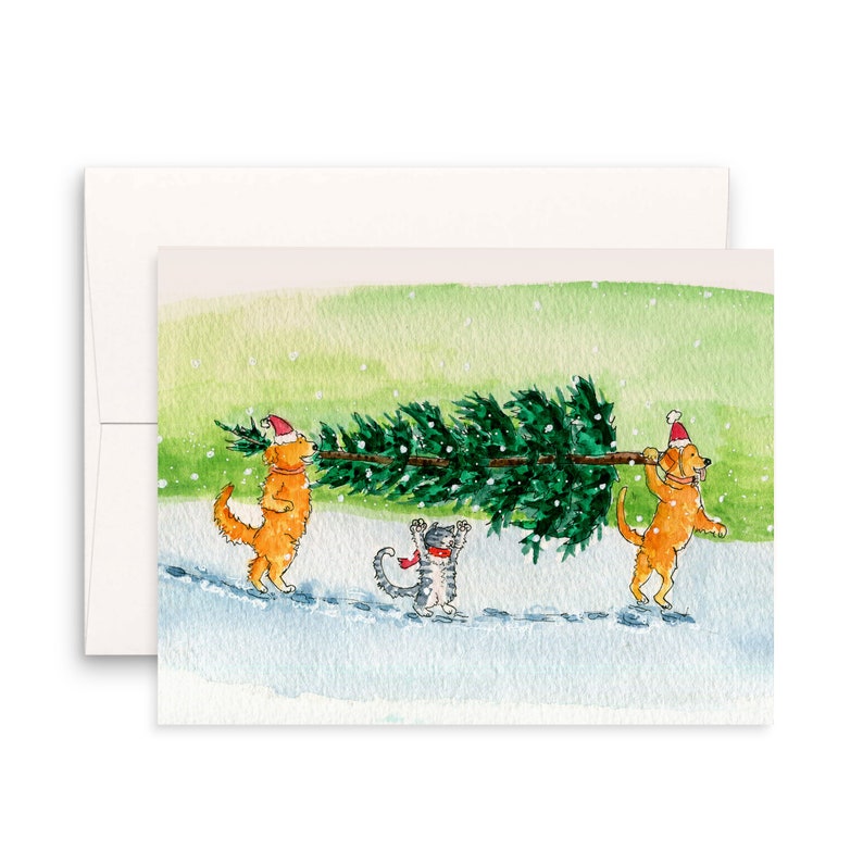 Funny Dog Cat Christmas Card for Friend - Snowy Winter Xmas Tree - Etsy
