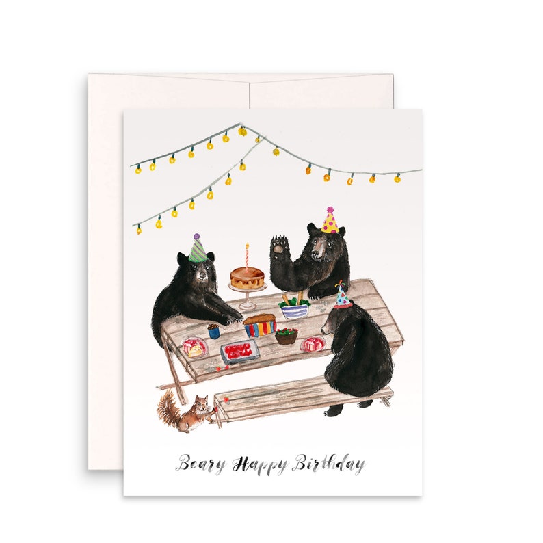 Black Bear Birthday Cards For Her Picnic Kids Birthday Party Card Whimsical Woodland Animals Birthday Card Funny Liyana Studio image 1