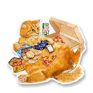 Cat Snacking Gamer Aufkleber - Pizza Snack Food Aufkleber für Videospiele - Nerdy Gamer Vinyl Aufkleber Wasserdicht