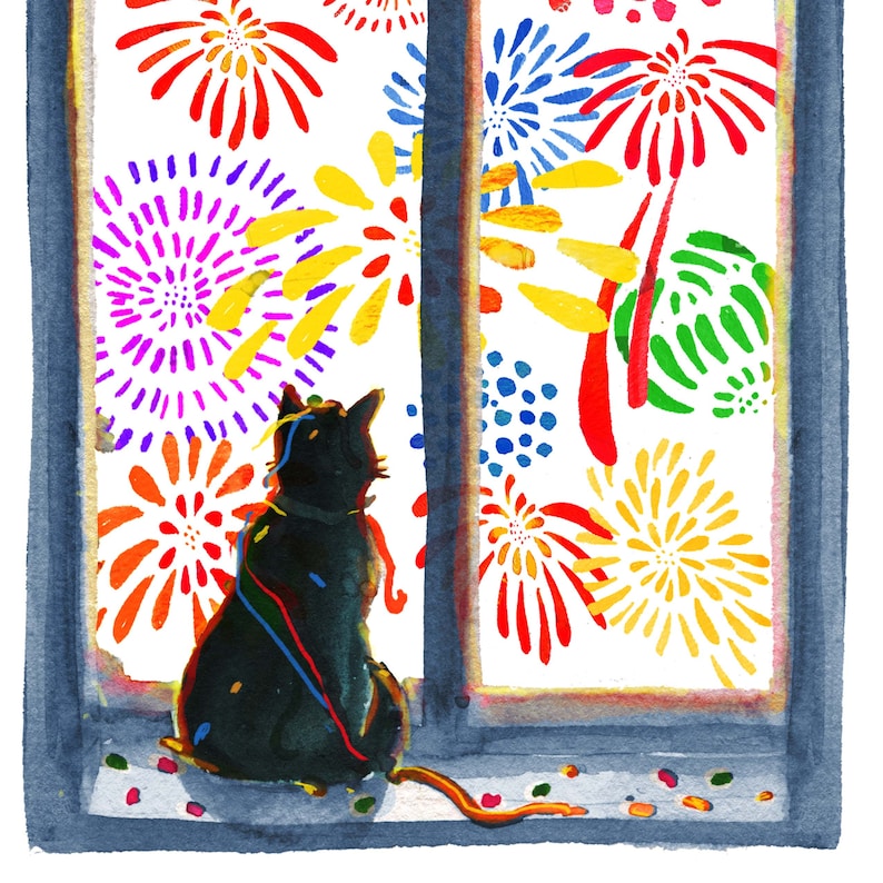 Happy New Year Cards 2022 Black Cat New Year Eve Fireworks Etsy