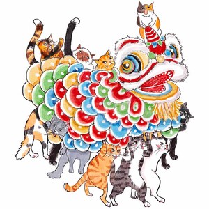 May include: A colorful illustration of a Chinese Lion Dance performed by a group of cats. The lion's body is made of overlapping, vibrant circles in red, blue, green, and yellow. Various cats of different colors and patterns are positioned to create the lion.