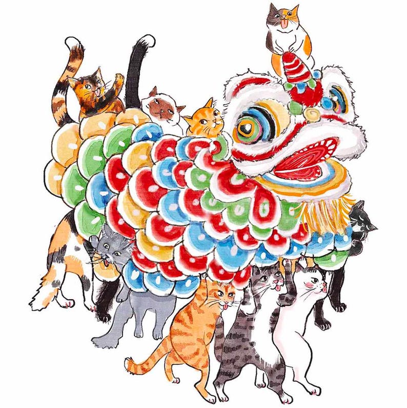 May include: A colorful illustration of a Chinese Lion Dance performed by a group of cats. The lion's body is made of overlapping, vibrant circles in red, blue, green, and yellow. Various cats of different colors and patterns are positioned to create the lion.