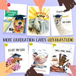 Op de afbeelding: Een set van 6 afstudeerkaarten met humoristische illustraties van dieren die afstudeerpetten dragen. De kaarten tonen een golden retriever, een lama, een schaap, een tijger, een zeehond en een hond. De kaarten zijn perfect om een afgestudeerde te feliciteren.