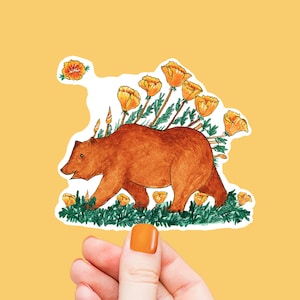 Autocollant d’ours de fleur de coquelicot - Cadeau d’amant de voyage de drapeau de Californie - Autocollants imperméables de bouteille d’eau pour l’aventure de randonnée dans la nature - Liyana Studio