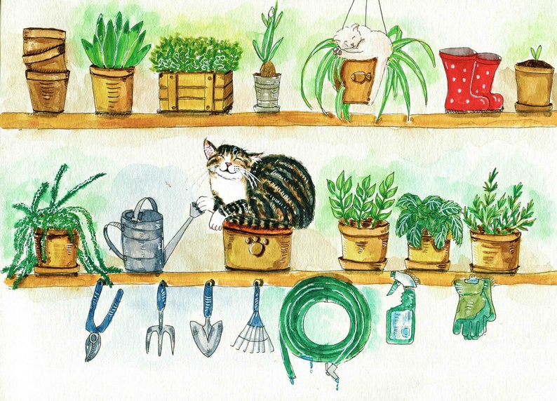 Plant Lady Is The New Cat Lady, Cat Art, Garden Art, Watercolor Art, Cat Print Watercolor Print Nursery Decor, Garden Decor, Botanical Print image 1