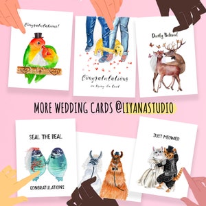May include: Set of 6 watercolor wedding cards featuring various animal couples. The cards have humorous text such as "Just Meowied" and "Seal the Deal".