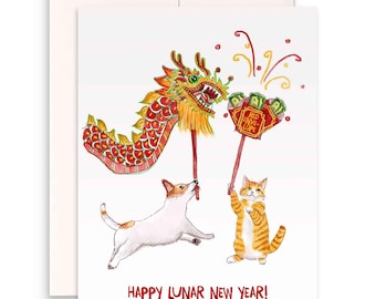 Cat And Dog Dragon Dance Red Envelope - Happy Lunar New Year Cards Set - 2026 Chinese New Year Card For Kids