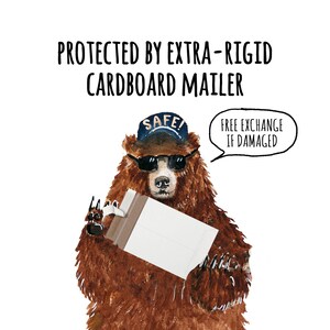 May include: A brown bear wearing a blue hat with the word "SAFE!" on it and sunglasses is holding a cardboard mailer. The mailer is white with a brown border. A speech bubble above the bear says "FREE EXCHANGE IF DAMAGED". The text "PROTECTED BY EXTRA-RIGID CARDBOARD MAILER" is at the top of the image.