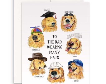 Papa hoeden grappige vaders dagkaart van kinderen - Golden Retriever Dog verjaardagskaart voor papa - Liyana Studio groeten handgemaakt