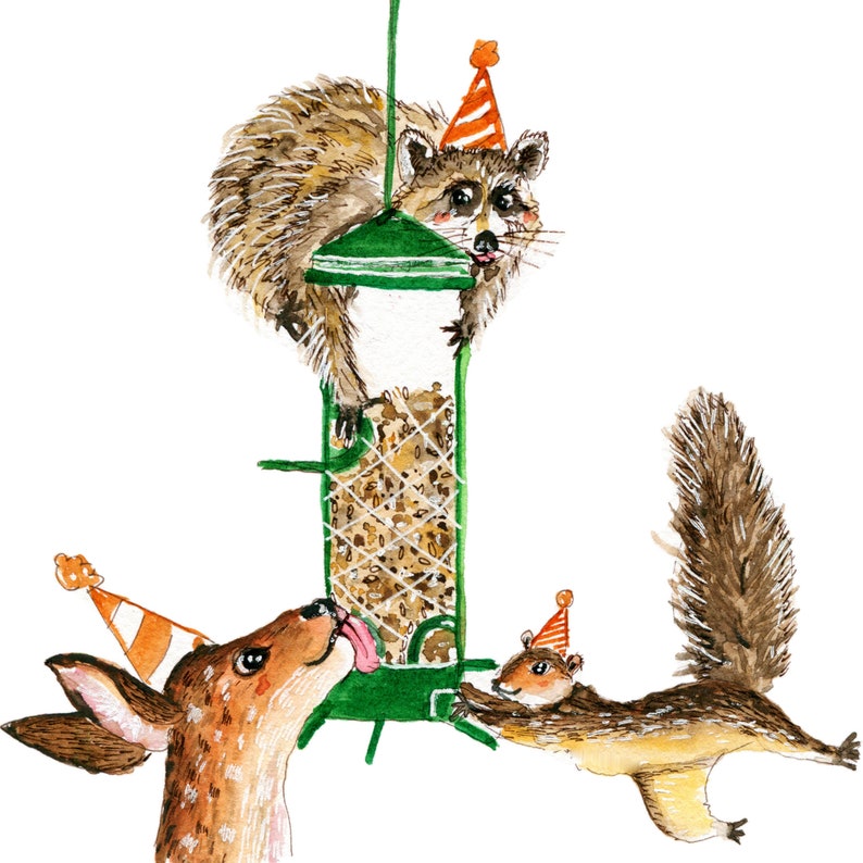 Bird Feeder Funny Birthday Cards For Bird Watching Bird Birthday Card For Bird Lover Nature Lover Squirrel Raccoon Deer Liyana Studio image 3