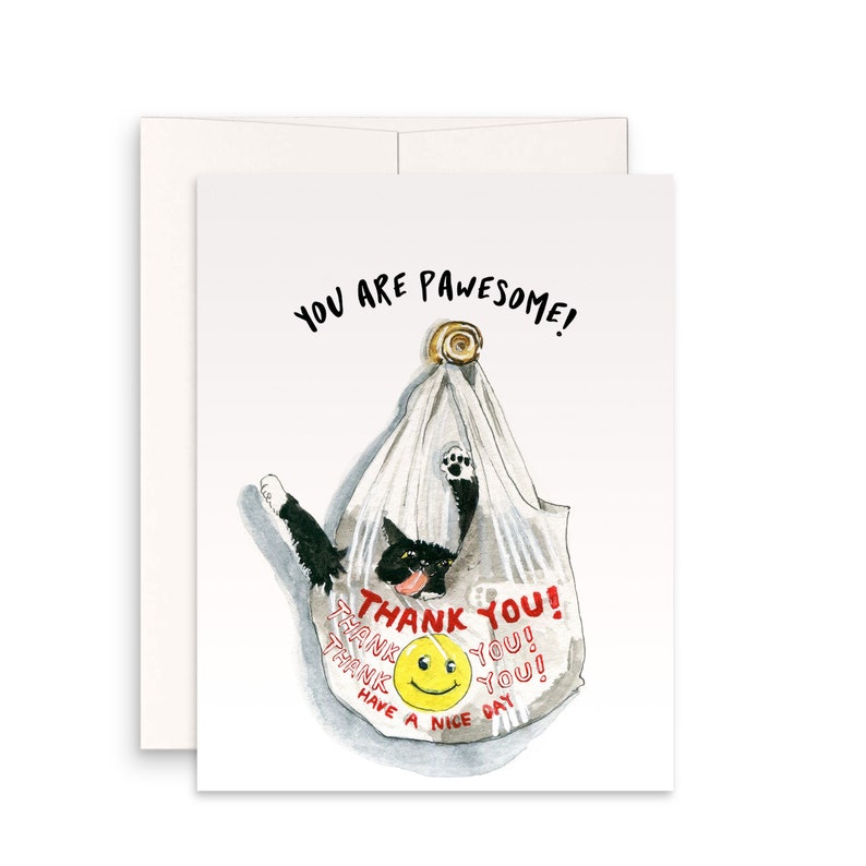 May include: A greeting card with a black cat in a plastic bag with the text "YOU ARE PAWESOME!" and "THANK YOU!" with a smiley face.