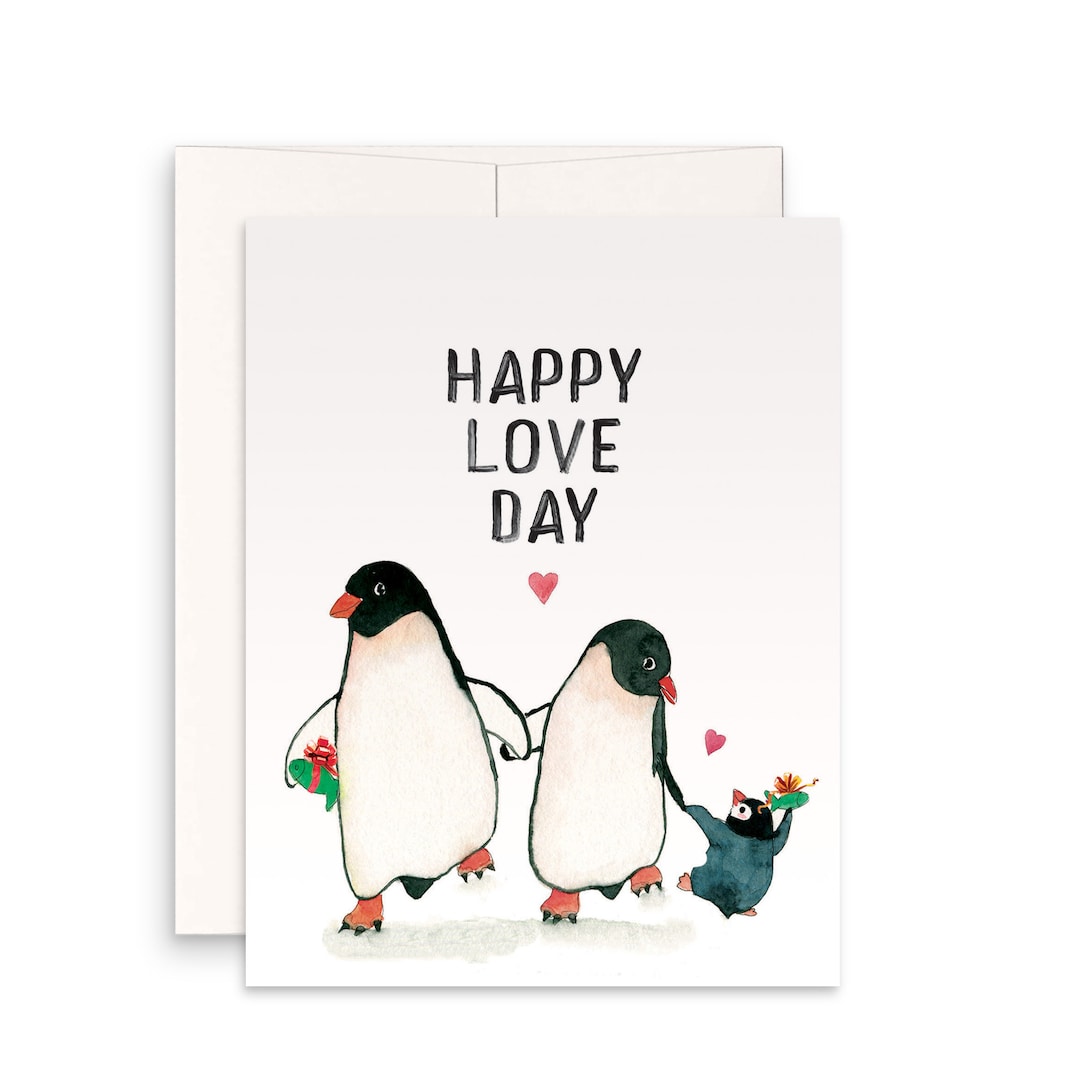 Penguin mom dad valentines card for him happy love day anniversary card