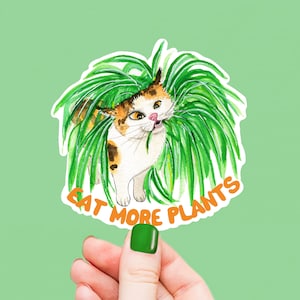 Sticker végétarien Mangez plus de plantes pour maman - Stickers imperméables drôles chat calicot pour végétalien