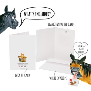 May include: A blank greeting card with a cartoon horse on the front and a cartoon horse in a box on the back. The card comes with a white envelope. The text on the back of the card says "Hand painted with love and humor. Printed in Berkeley, California, USA. Thank you for supporting artists @lyyana.studio"