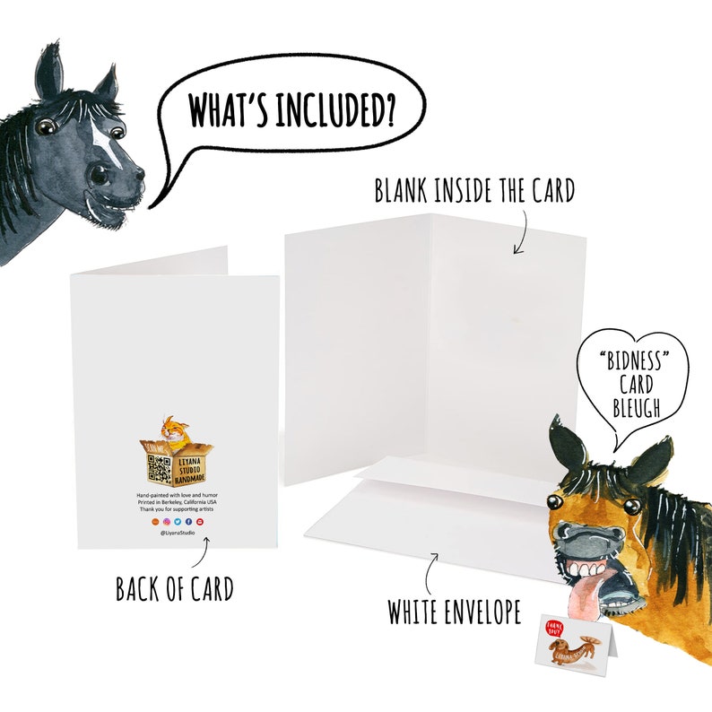 May include: A blank greeting card with a cartoon horse on the front and a cartoon horse in a box on the back. The card comes with a white envelope. The text on the back of the card says "Hand painted with love and humor. Printed in Berkeley, California, USA. Thank you for supporting artists @lyyana.studio"