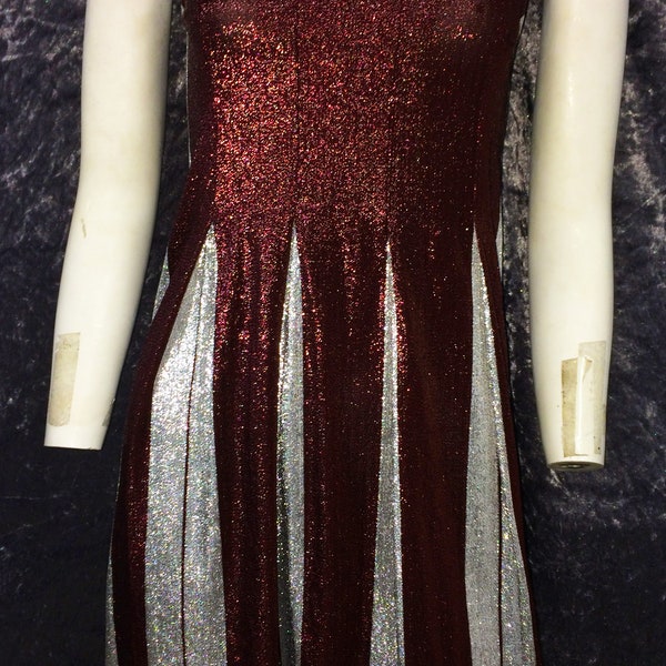 Burgundy and Silver, metallic Lurex party Dress. Size: Small - UK 8-10