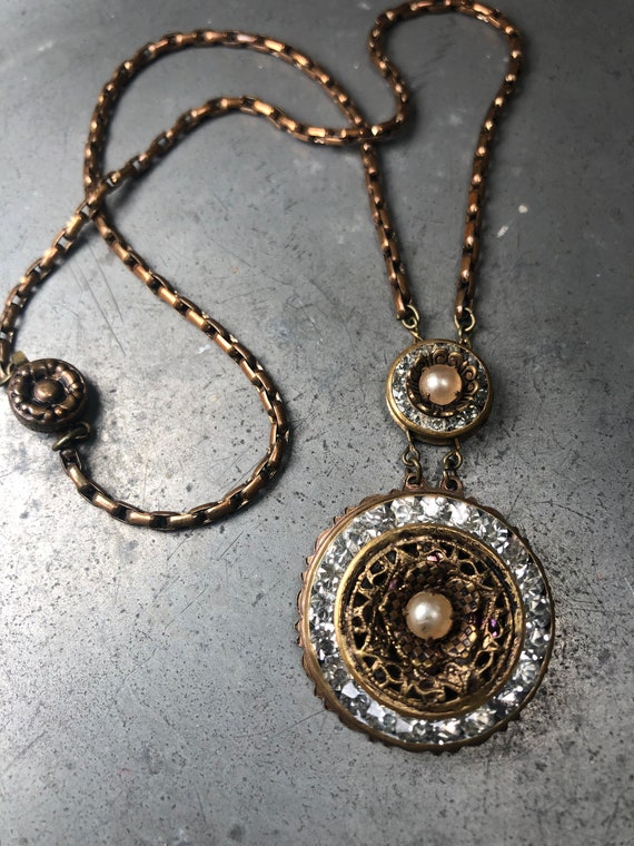 Antique Edwardian Rhinestone, Faux Pearl, Brass N… - image 9