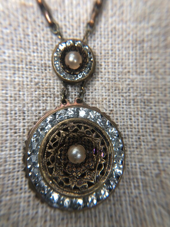 Antique Edwardian Rhinestone, Faux Pearl, Brass N… - image 2